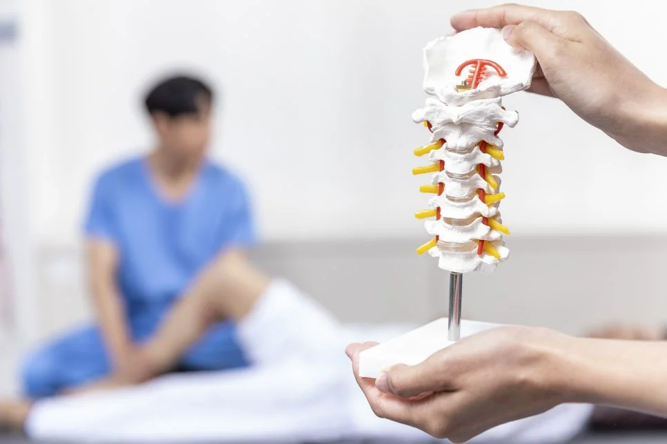 좌골신경통 비수술|경추 척추 신경 모형을 들고 설명하는 의료 이미지