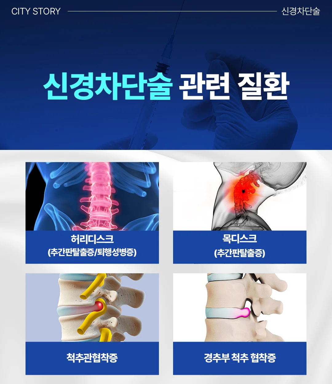 동탄 허리디스크 비수술치료|신경차단술로 치료 가능한 척추 및 경추 관련 질환 인포그래픽