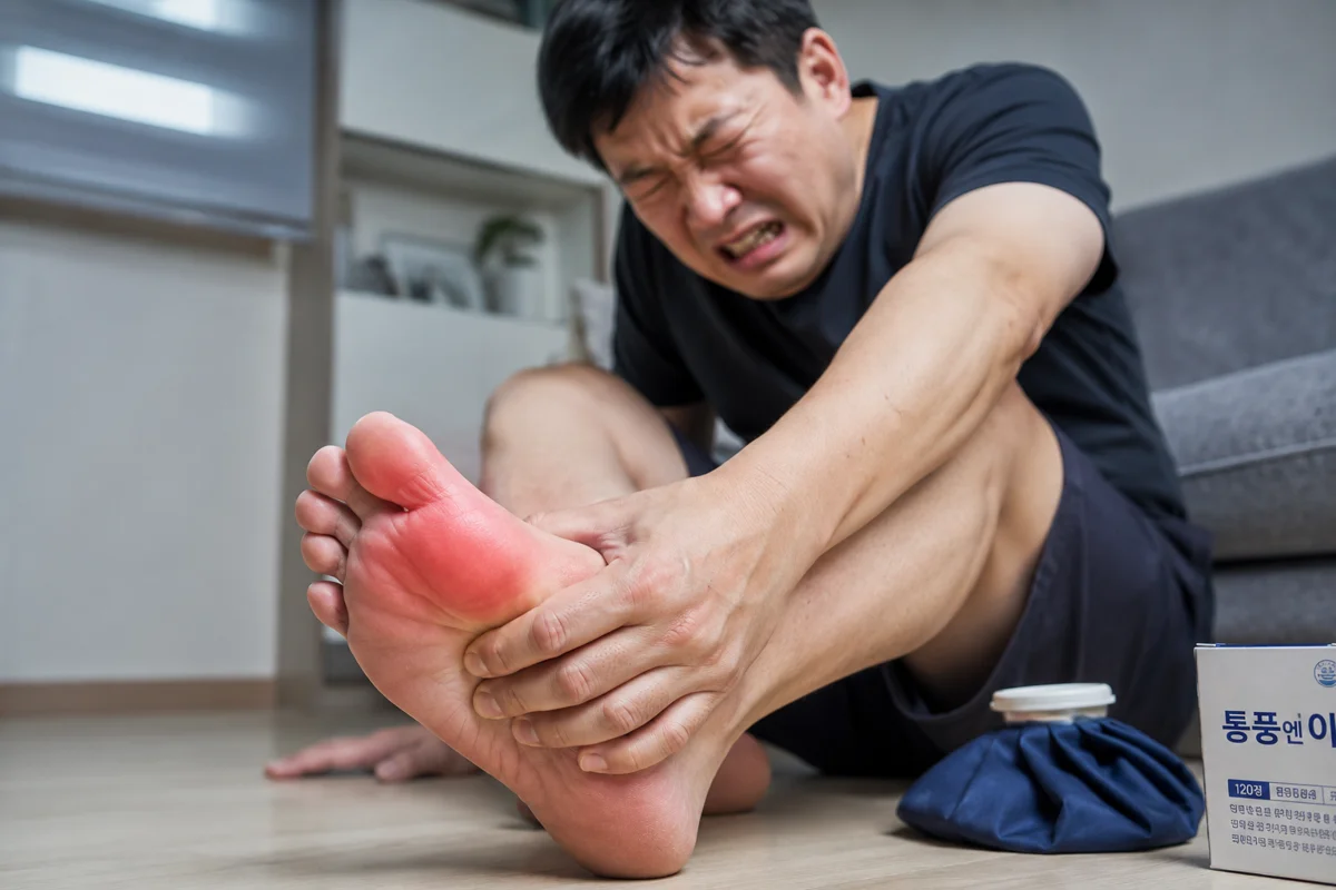 병점 십자인대 재건술 후기|엄지발가락 통증을 호소하는 남성과 통풍 약
