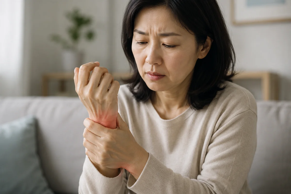 동탄 치핵수술 PPH 통증|손목 통증을 느끼며 괴로워하는 중년 여성