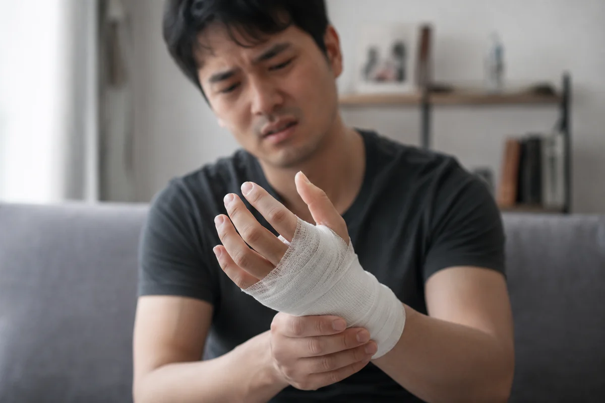 동탄 치핵수술 PPH 통증|손목 부상으로 붕대를 감고 통증을 느끼는 남성