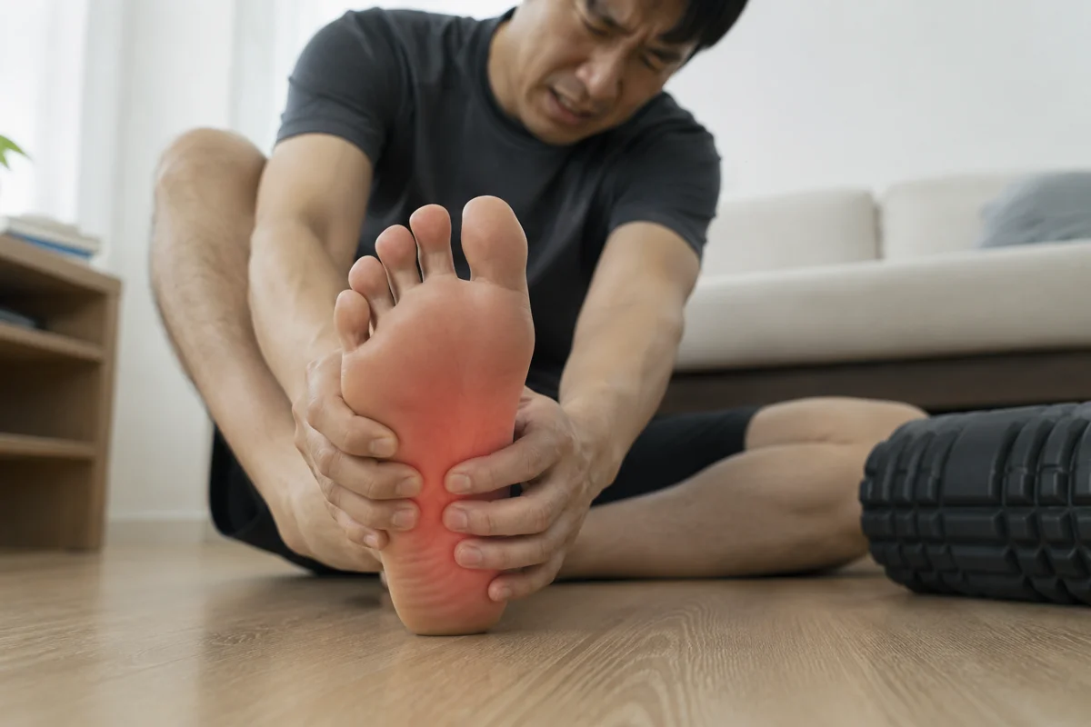 동탄 무지외반증 교정술 방법 비교|발바닥 통증을 호소하며 발을 잡고 있는 남성